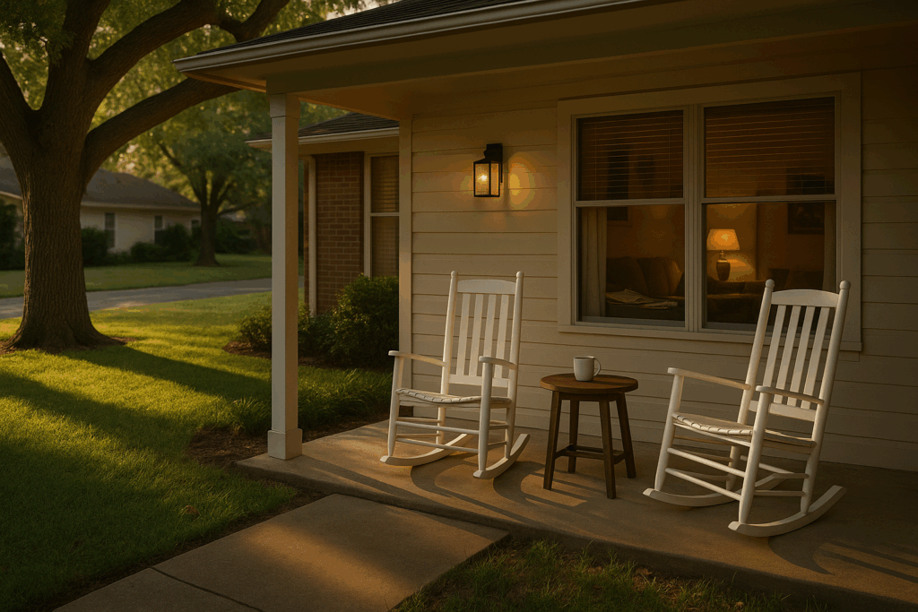 Porch with two white rocking chairs and a small table, a cup resting on the table, illuminated by warm evening light, symbolizing a welcoming home environment for families considering adoption in Texas.