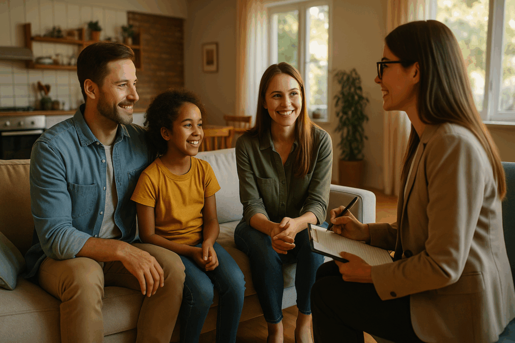 An adoptive family engaged in a home study process.