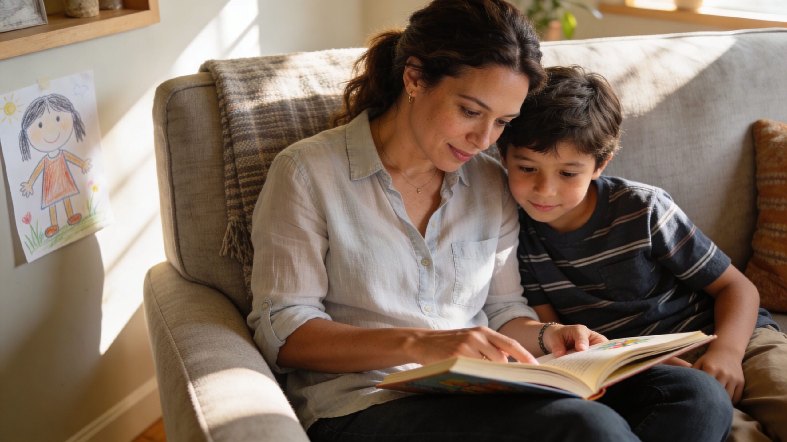 A warm, nurturing mother reading a book with her young son while sitting on a comfortable couch.