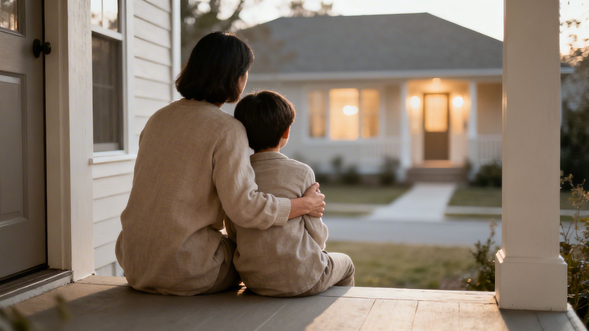 Rear view of a mother and child sitting on a porch, looking at a house with illuminated windows.