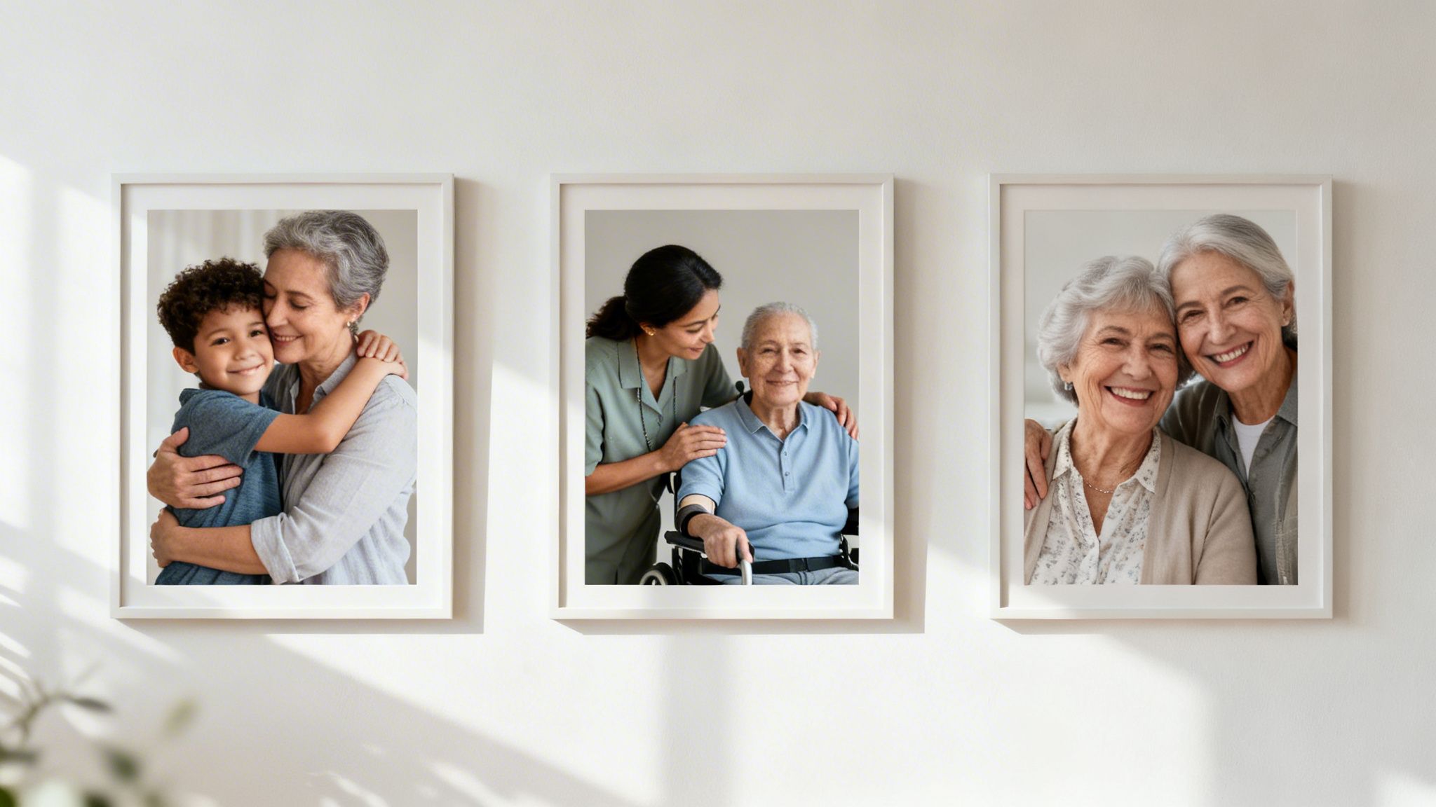 Three framed portraits on a wall showcasing intergenerational family love, support, and senior care.