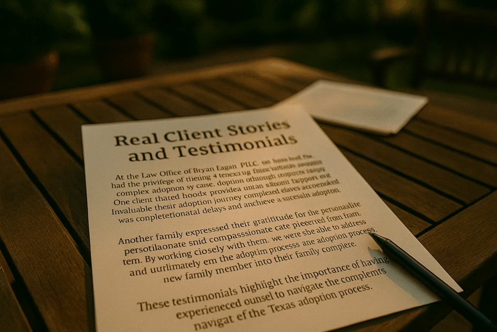 Real client stories and testimonials document highlighting the supportive role of the Law Office of Bryan Fagan, PLLC in Texas adoption cases, emphasizing personalized legal guidance and successful adoption experiences.
