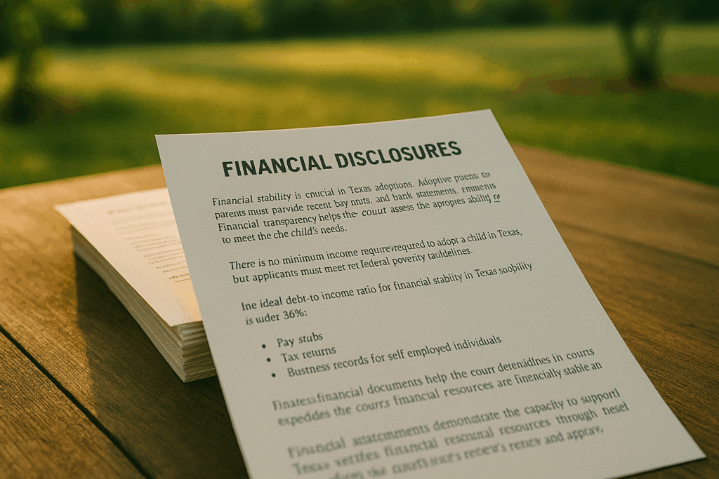 Financial disclosures document outlining requirements for financial stability in Texas adoptions, including pay stubs, tax returns, and business records, placed on a wooden table with a blurred green background.