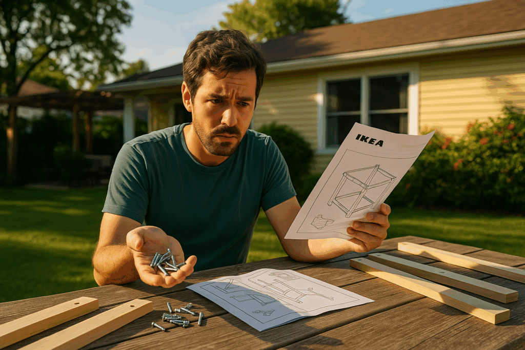 Man looking confused while holding screws and an IKEA assembly manual, illustrating the challenges of navigating complex processes, akin to the Texas adoption home study checklist.