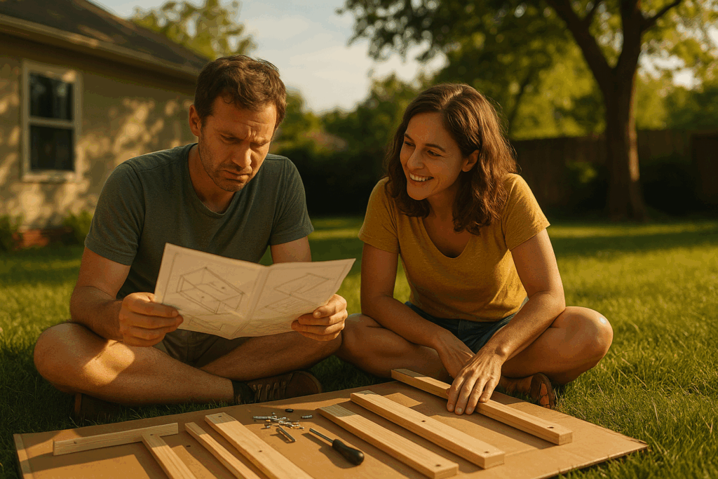 Couple assembling furniture outdoors, studying assembly instructions with wooden pieces and tools spread on the grass, representing the importance of understanding documentation in the Texas adoption process.