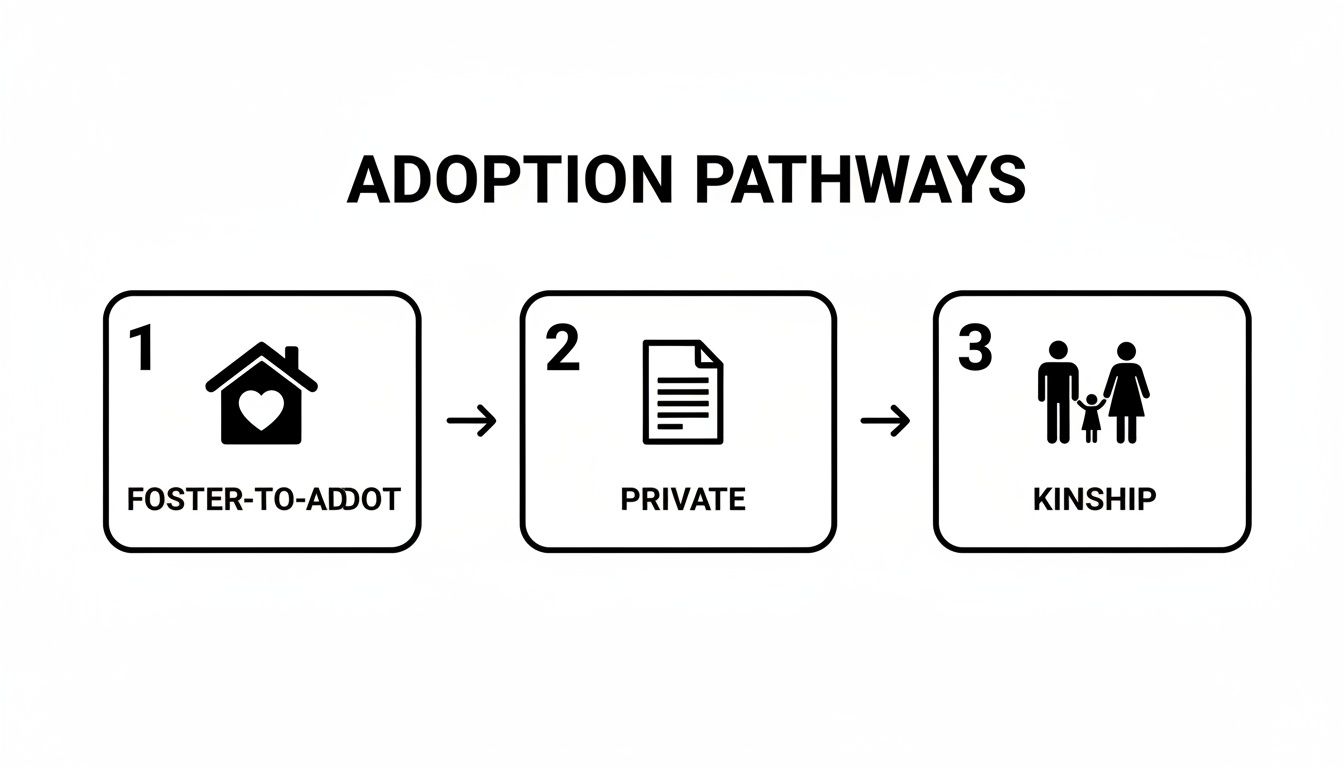 Diagram illustrating three adoption pathways: foster-to-adopt, private, and kinship, with icons for each.