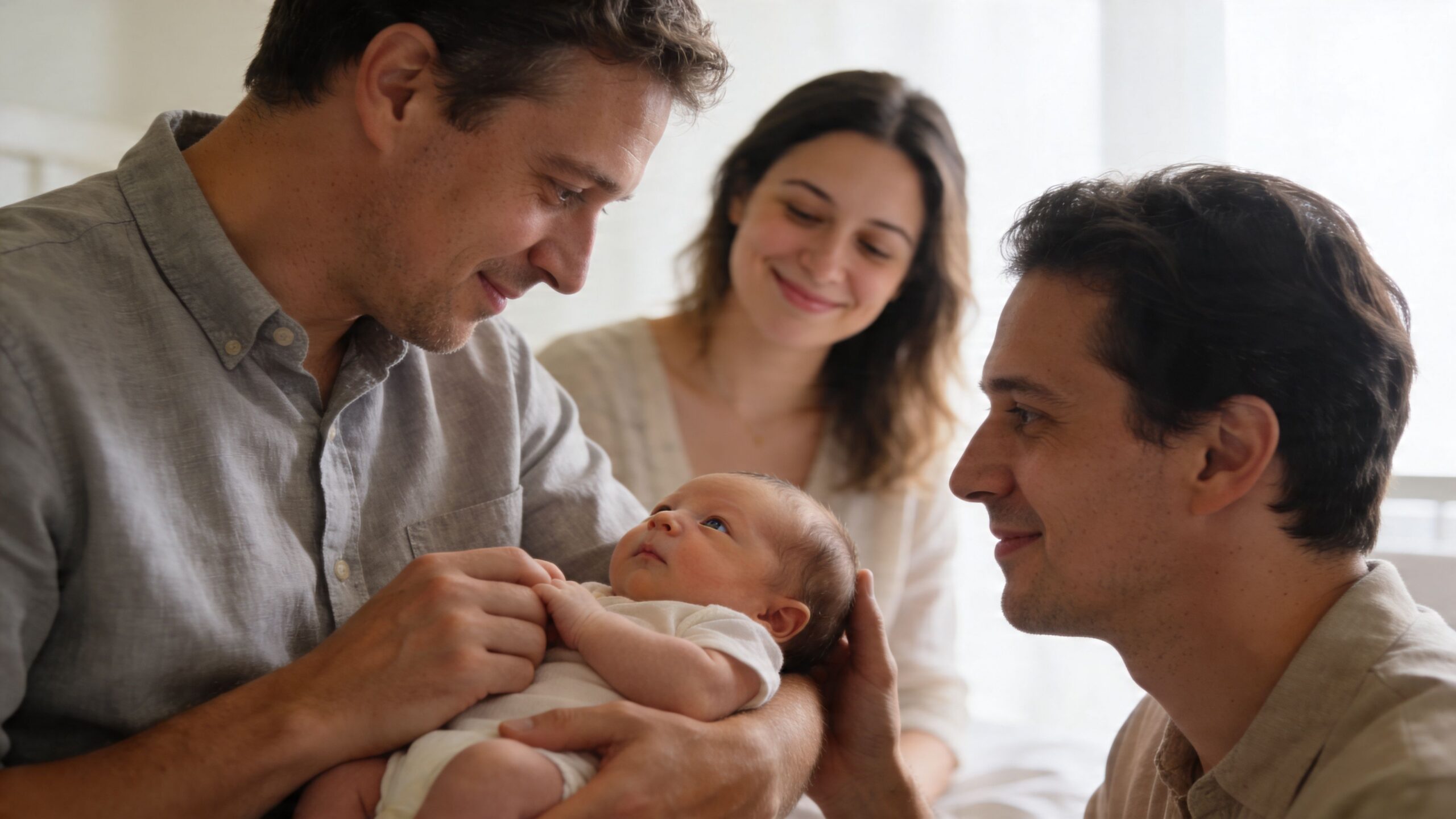 A happy family of three adults admiring and lovingly caring for their newborn baby at home.