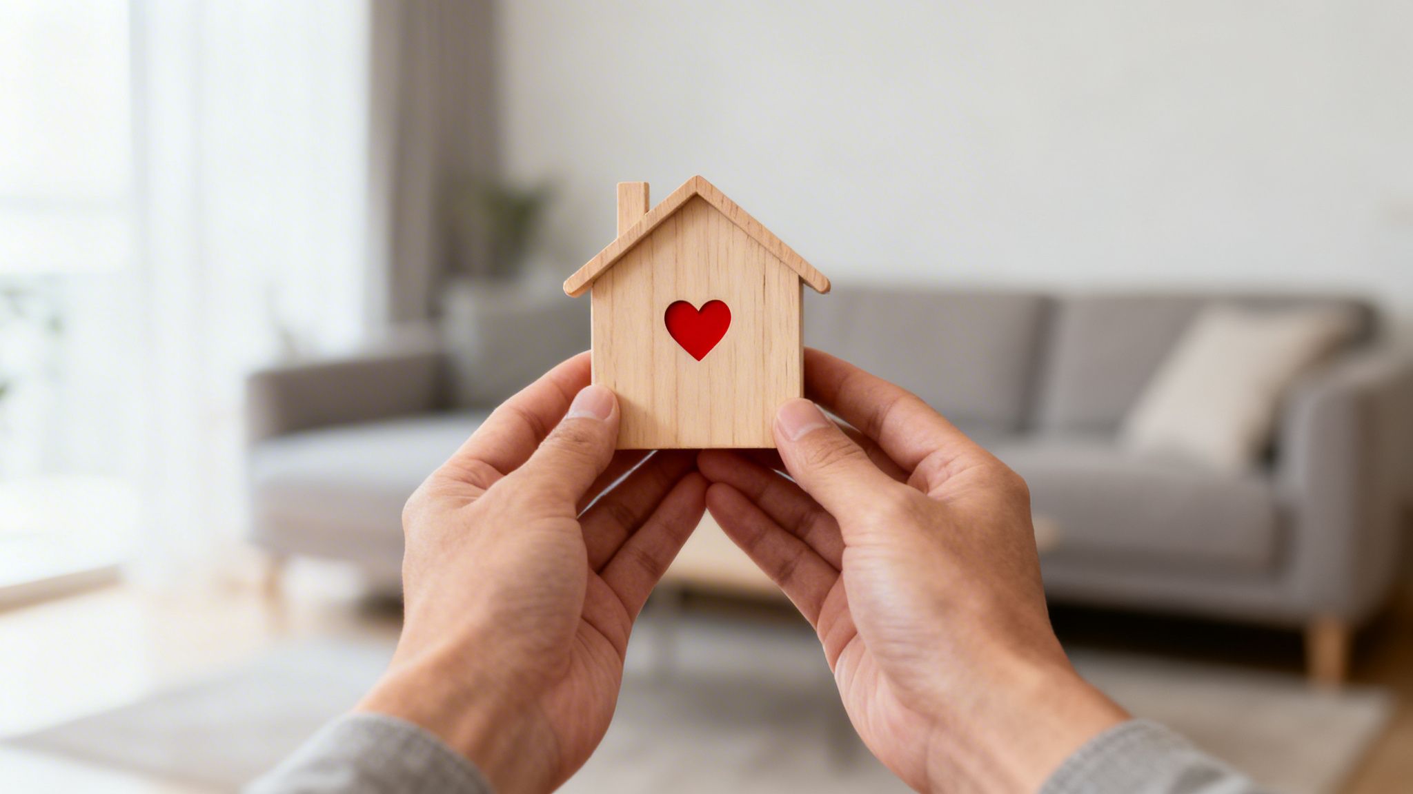Two hands gently hold a small wooden house with a red heart in a blurred home setting.
