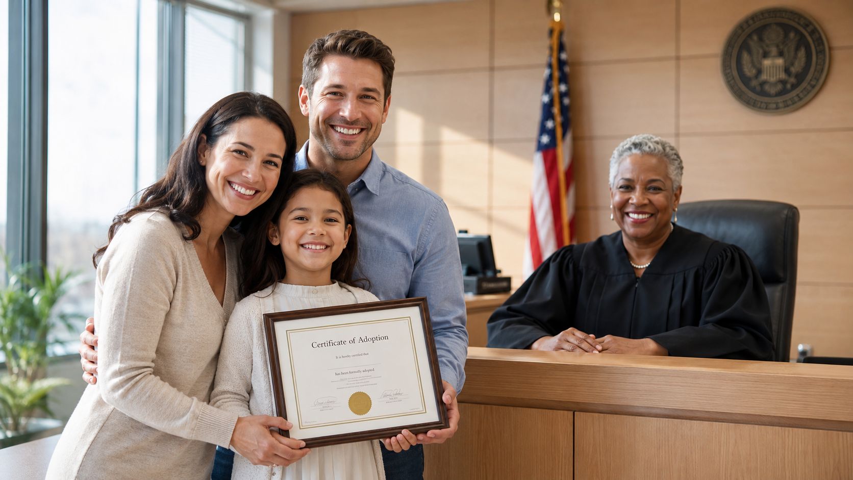 A happy family holding an adoption certificate in a courtroom with a judge smiling in the background.