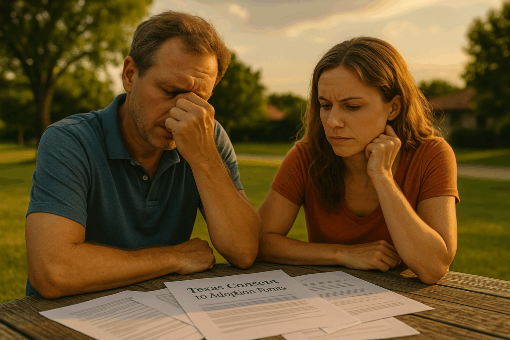 Couple looking concerned while reviewing Texas Consent to Adoption Forms on a table in a park setting.