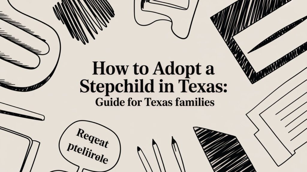 How to adopt a stepchild in Texas guide with illustrated elements, including pens, paper, and speech bubble.
