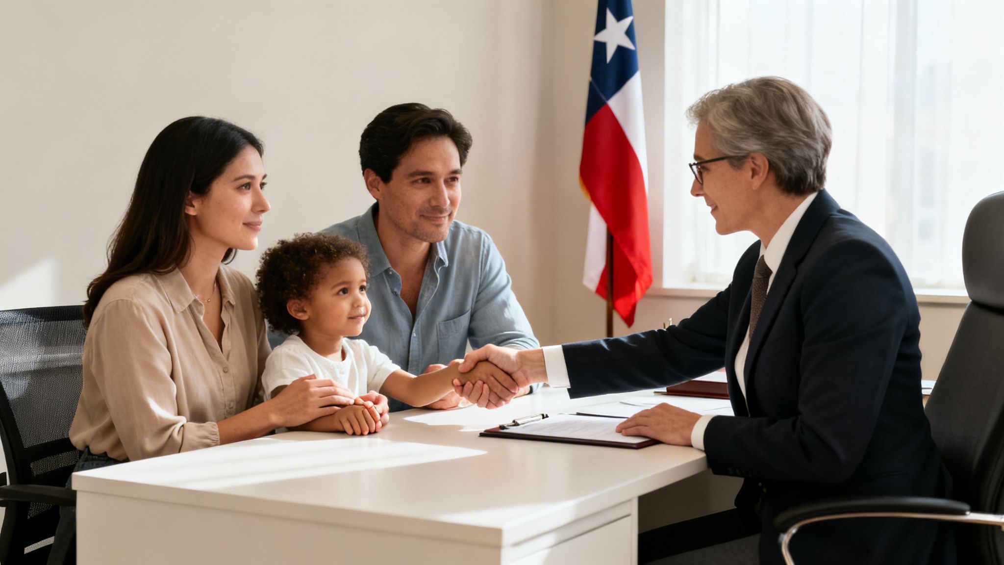 A multiracial family and a child shake hands with an attorney in an office setting.