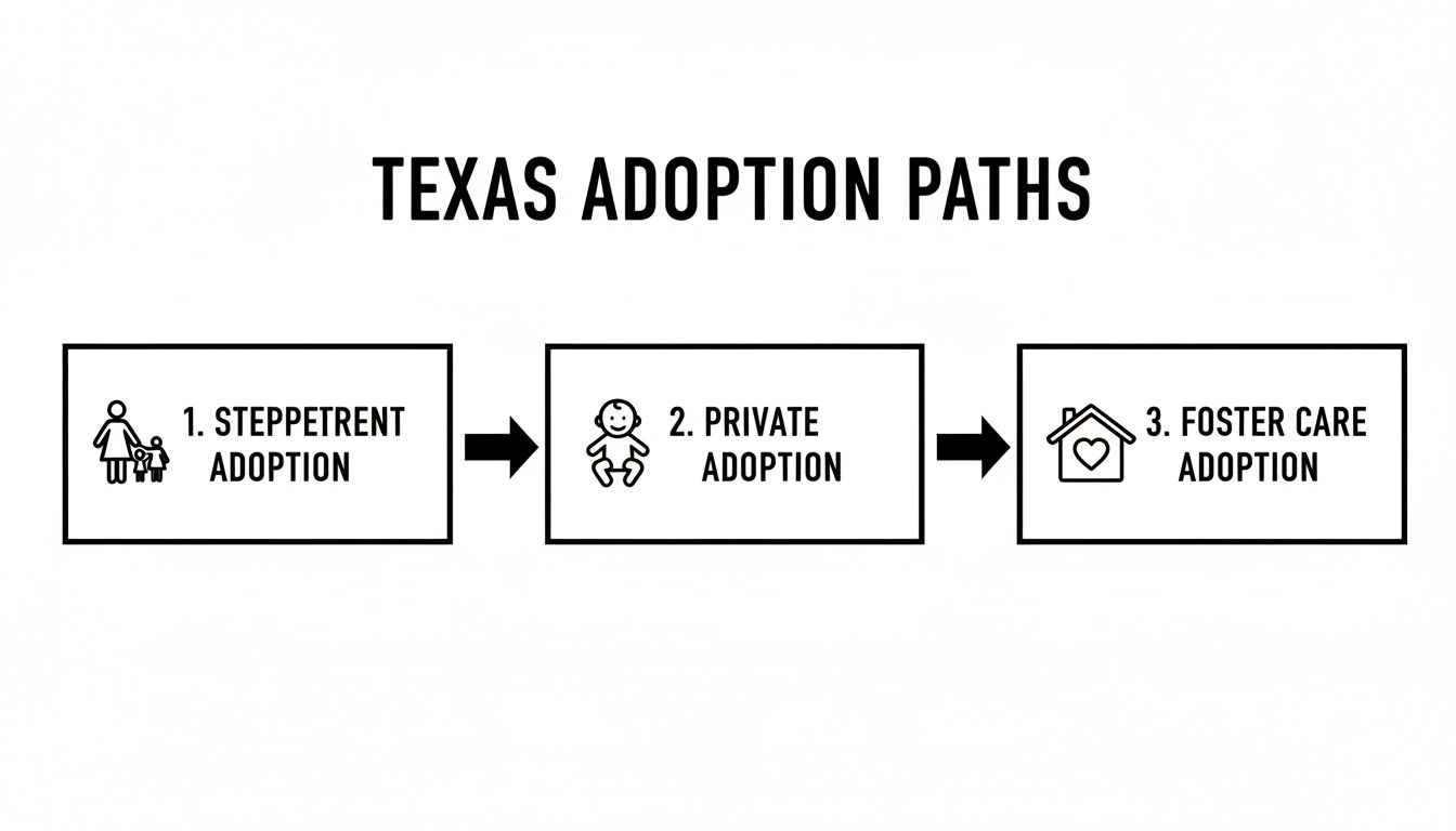 Flowchart illustrating three Texas adoption paths: stepparent, private, and foster care adoption options.