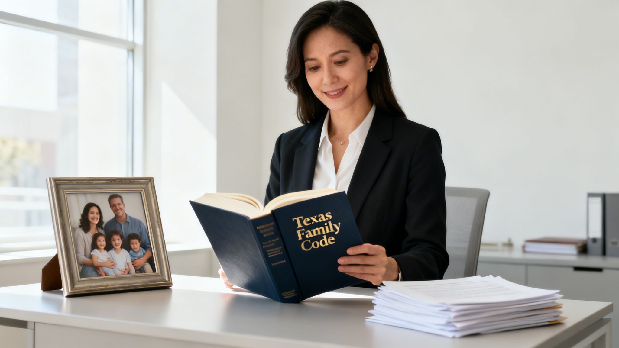 A smiling woman, a Texas family law attorney, reads the Texas Family Code at her office desk.