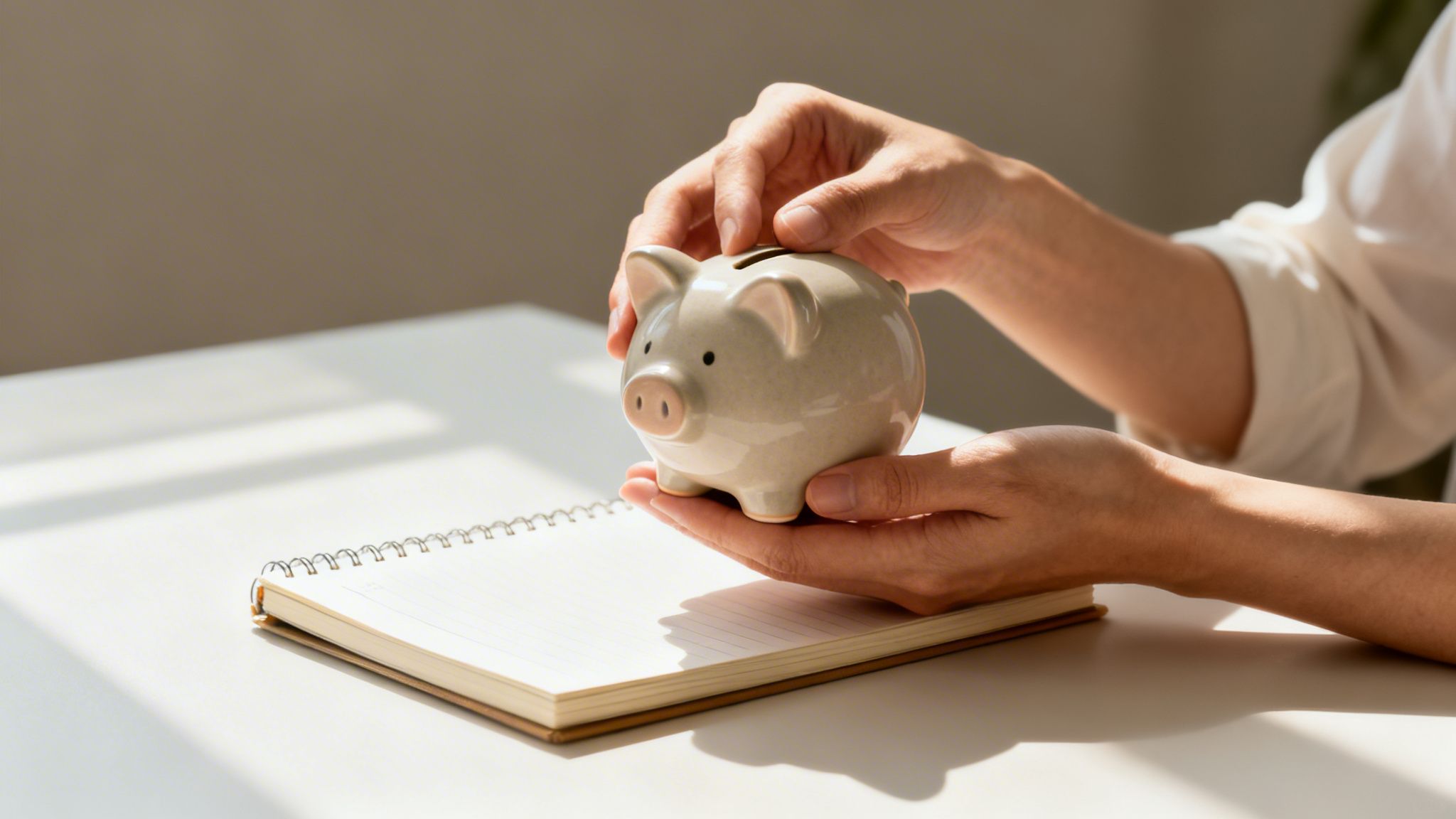 Hands hold a ceramic piggy bank above a notebook, putting money in to save.