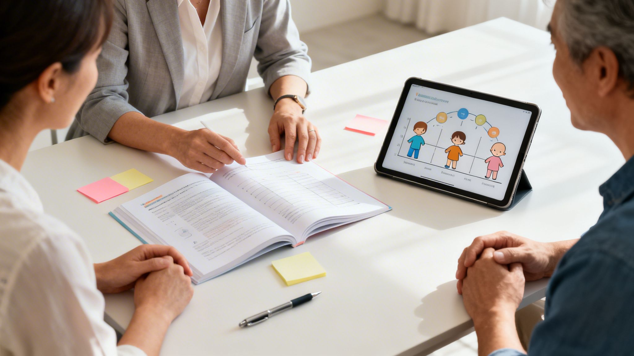 A consultant explains concepts from a book and tablet to a couple, showing child development.