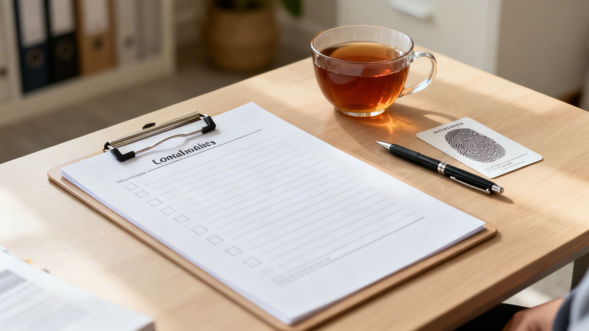 A clipboard with a checklist labeled 'Conciliationes', a pen, a tea cup, and a fingerprint card on a wooden desk.
