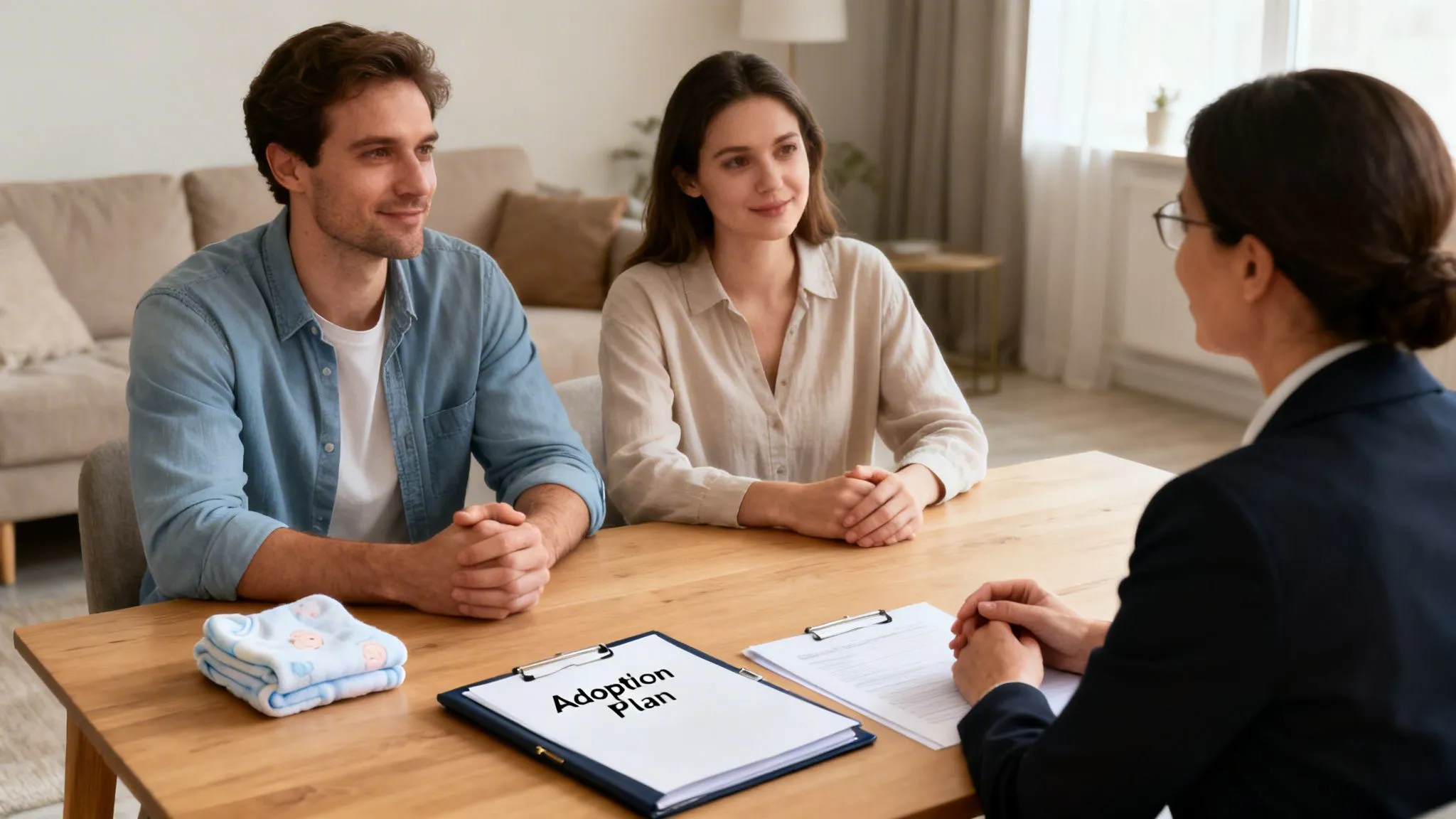 A happy couple discusses an adoption plan with a consultant, with a baby blanket on the table.