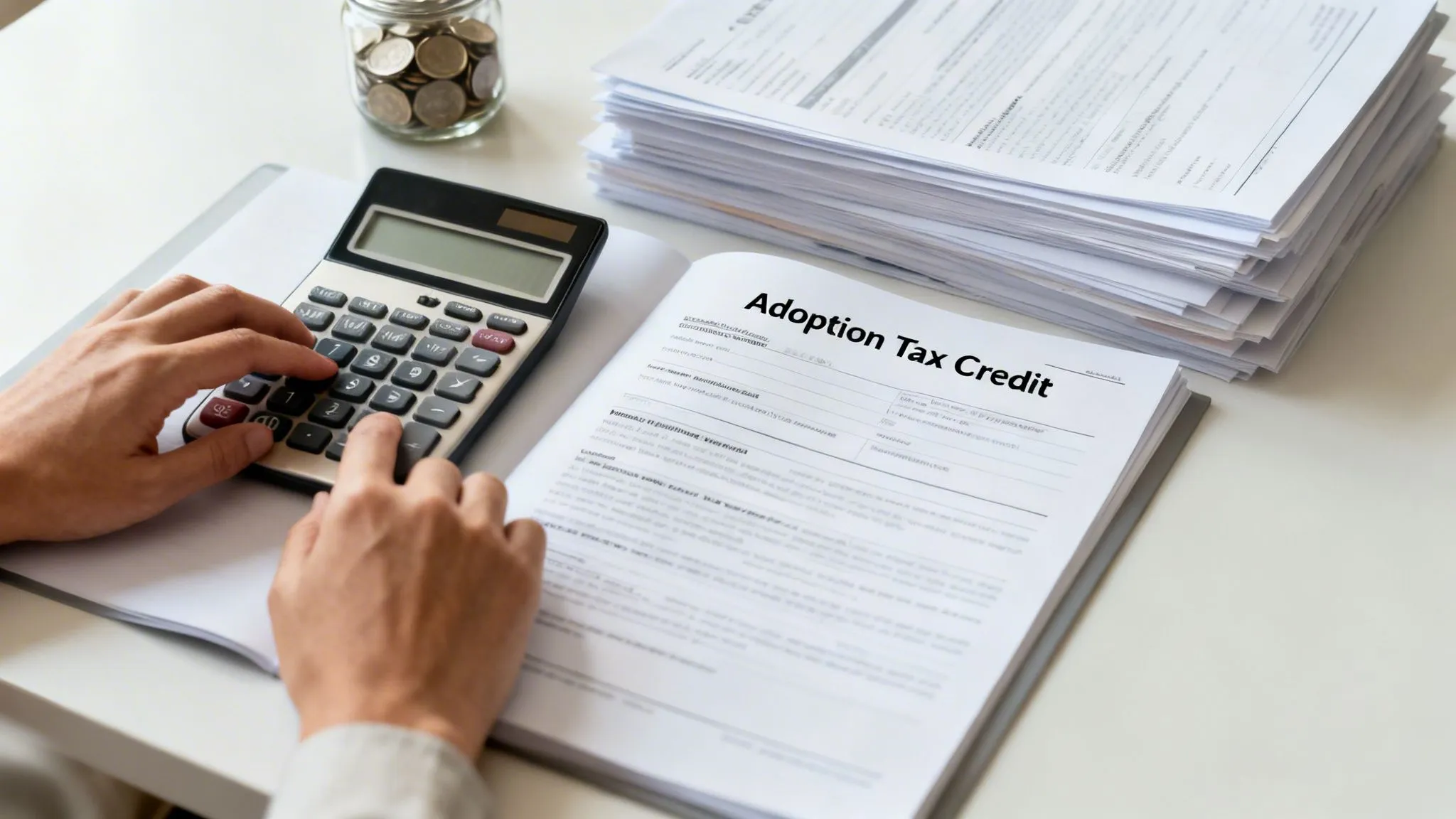 A person's hands using a calculator while reviewing an 'Adoption Tax Credit' document on a desk.
