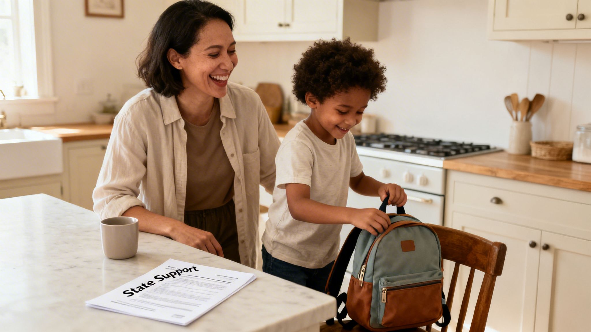A smiling mother watches her young son prepare his backpack in a bright kitchen with 'State Support' papers on the counter.