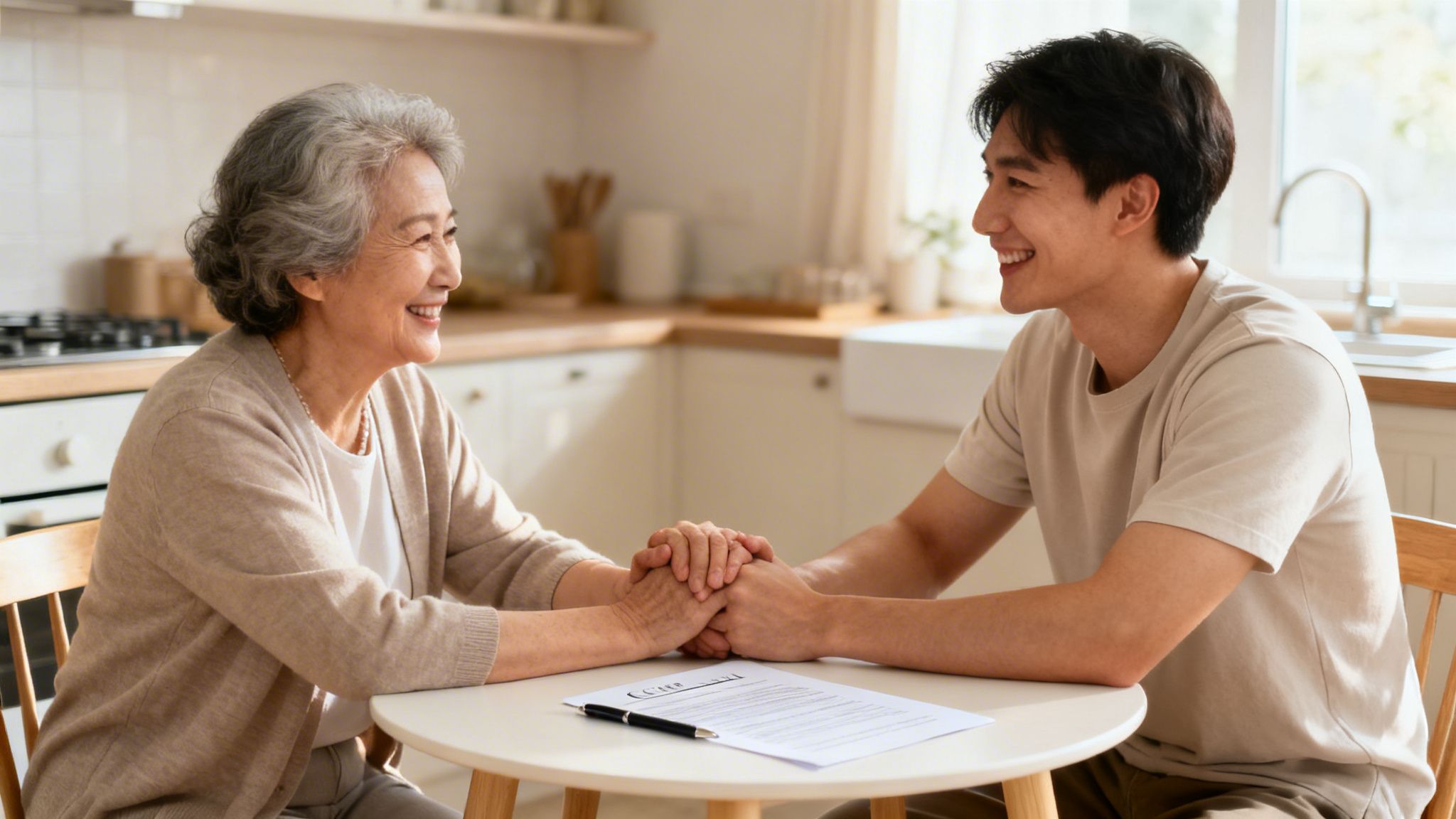 An elderly Asian woman and a younger Asian man hold hands, smiling at each other across a table with a document.