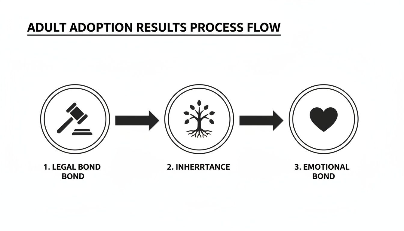 A process flow diagram illustrating the three key results of adult adoption: legal, inheritance, and emotional bonds.