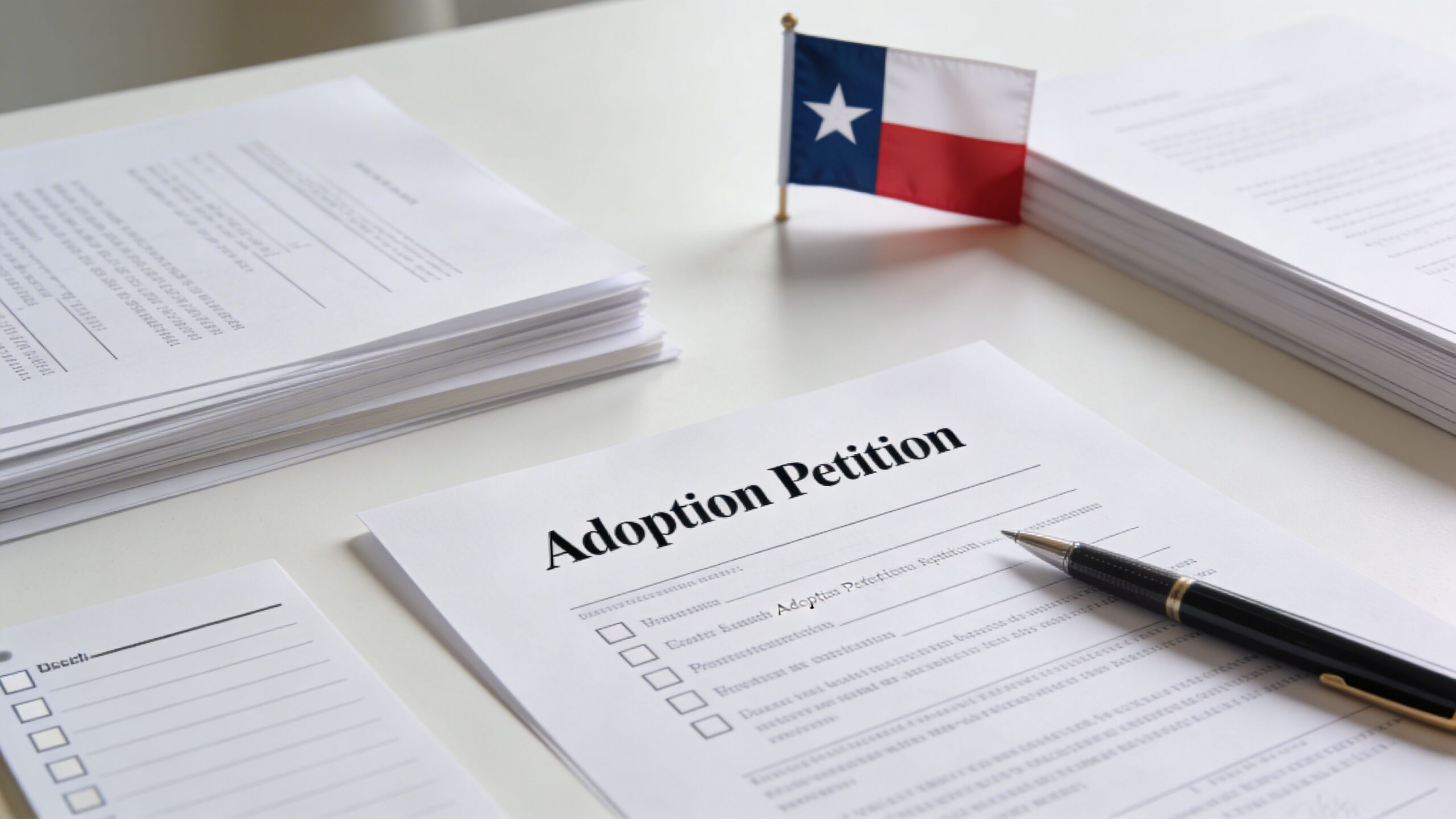 An adoption petition form on a table with a small Texas state flag and pen.