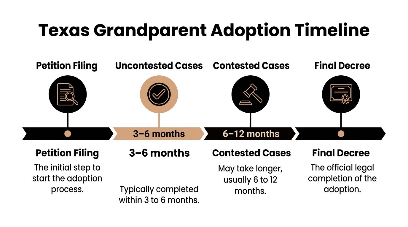 A timeline graphic showing the stages and estimated duration for a grandparent adoption process in Texas.