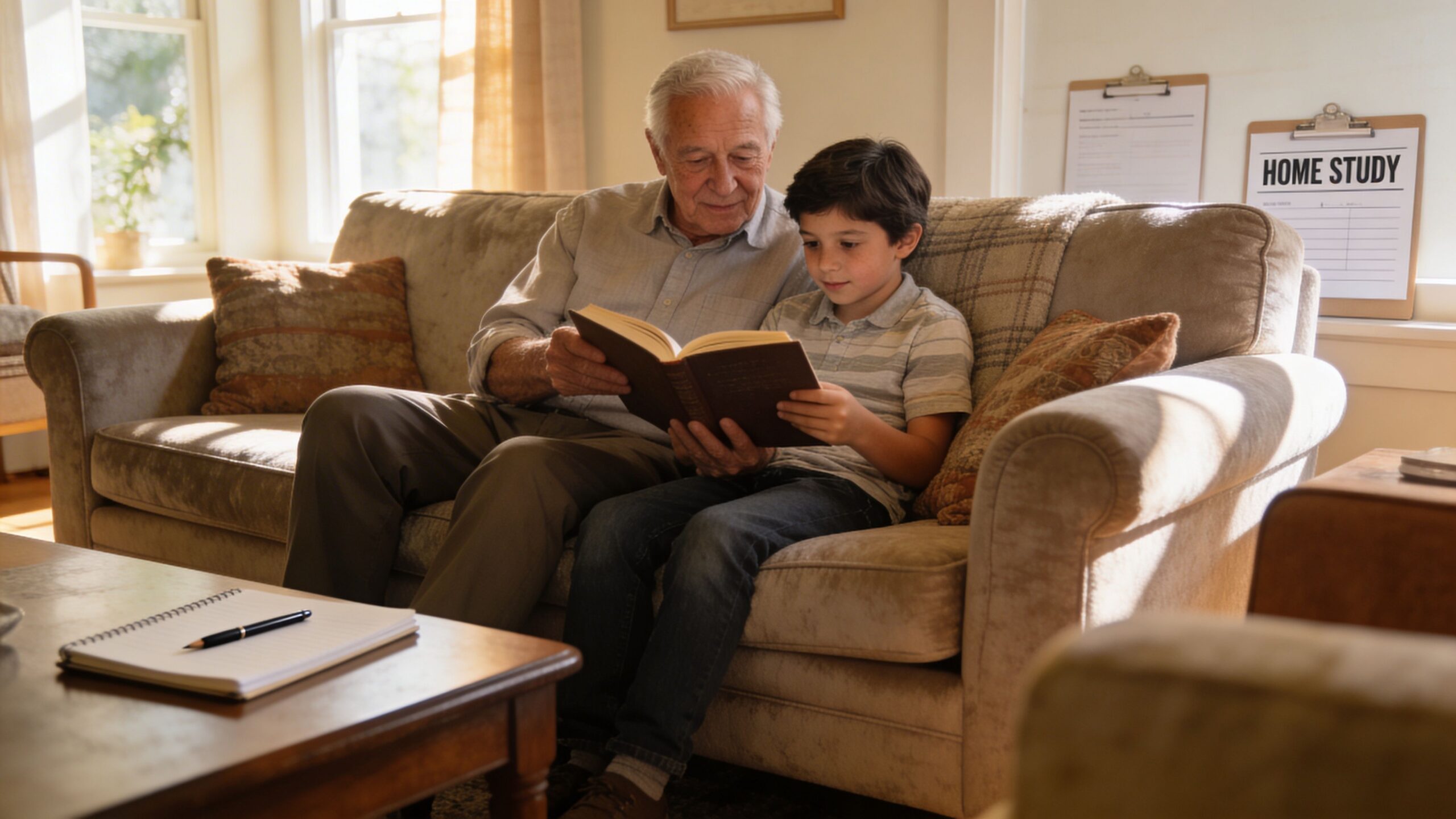 A grandfather and his grandson sitting together on a comfortable sofa while reading a book.