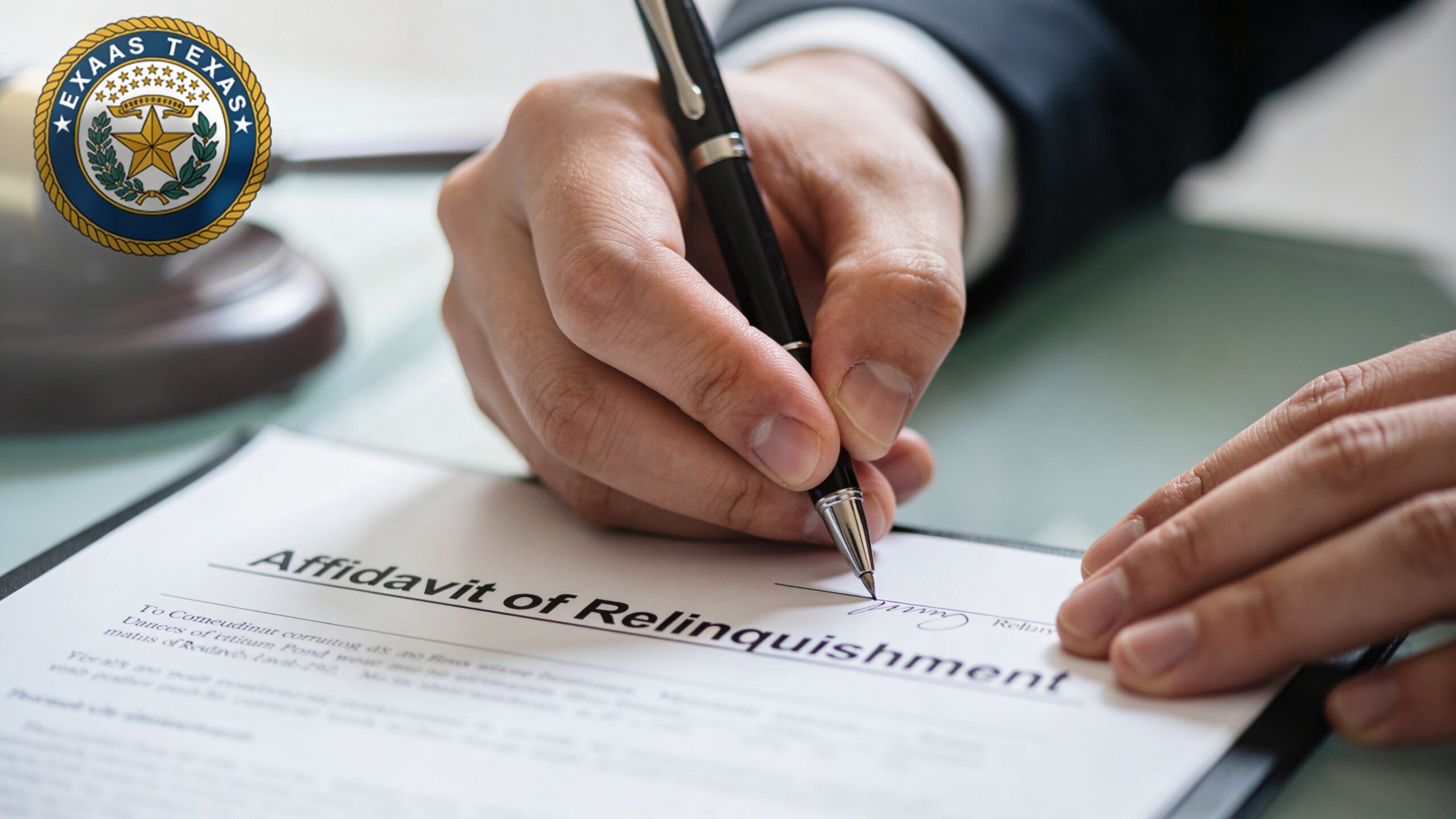 A close-up of a legal hand signing an Affidavit of Relinquishment document on a desk.