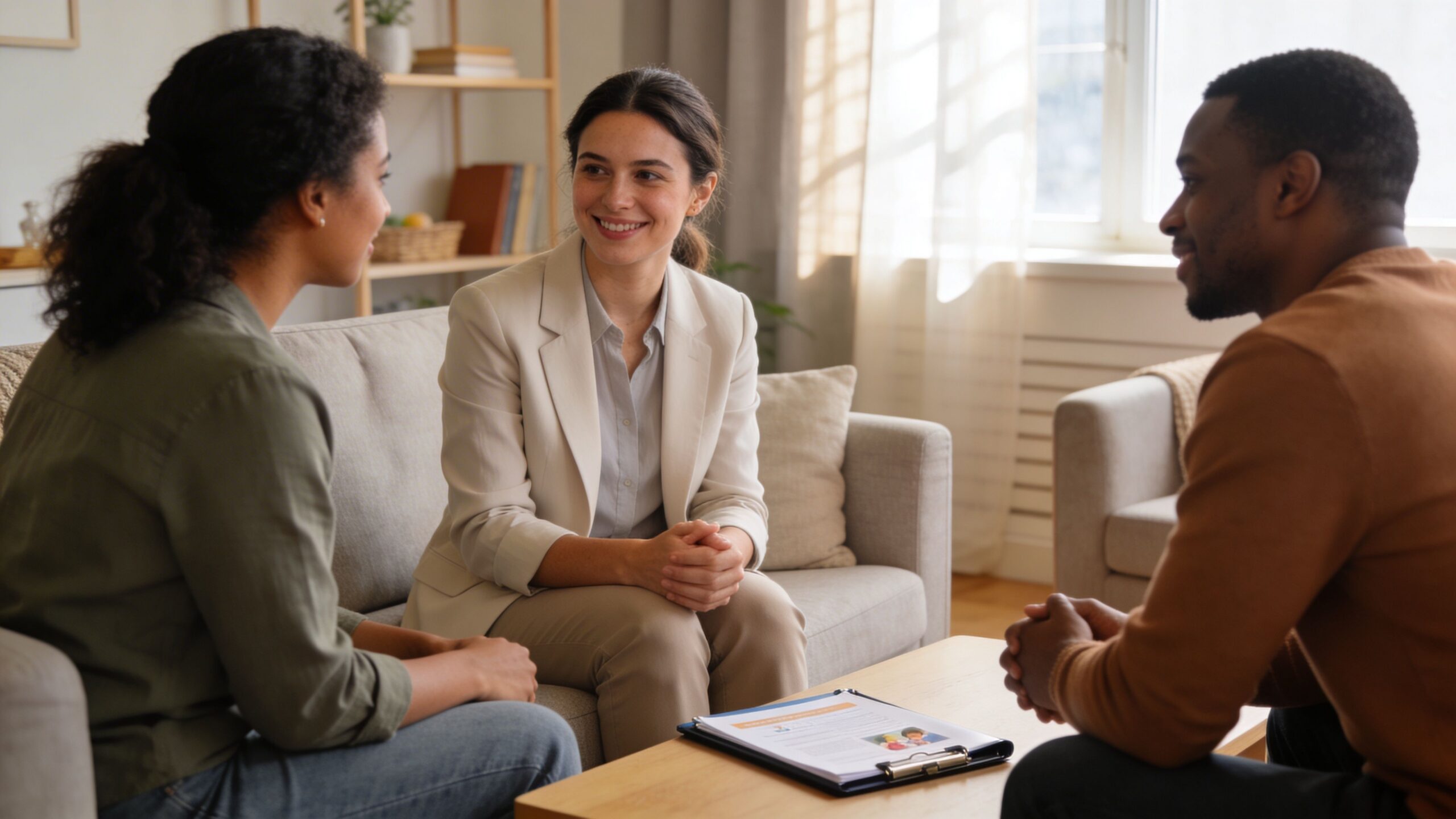 A social worker smiles while counseling an adoptive couple in a cozy living room setting.