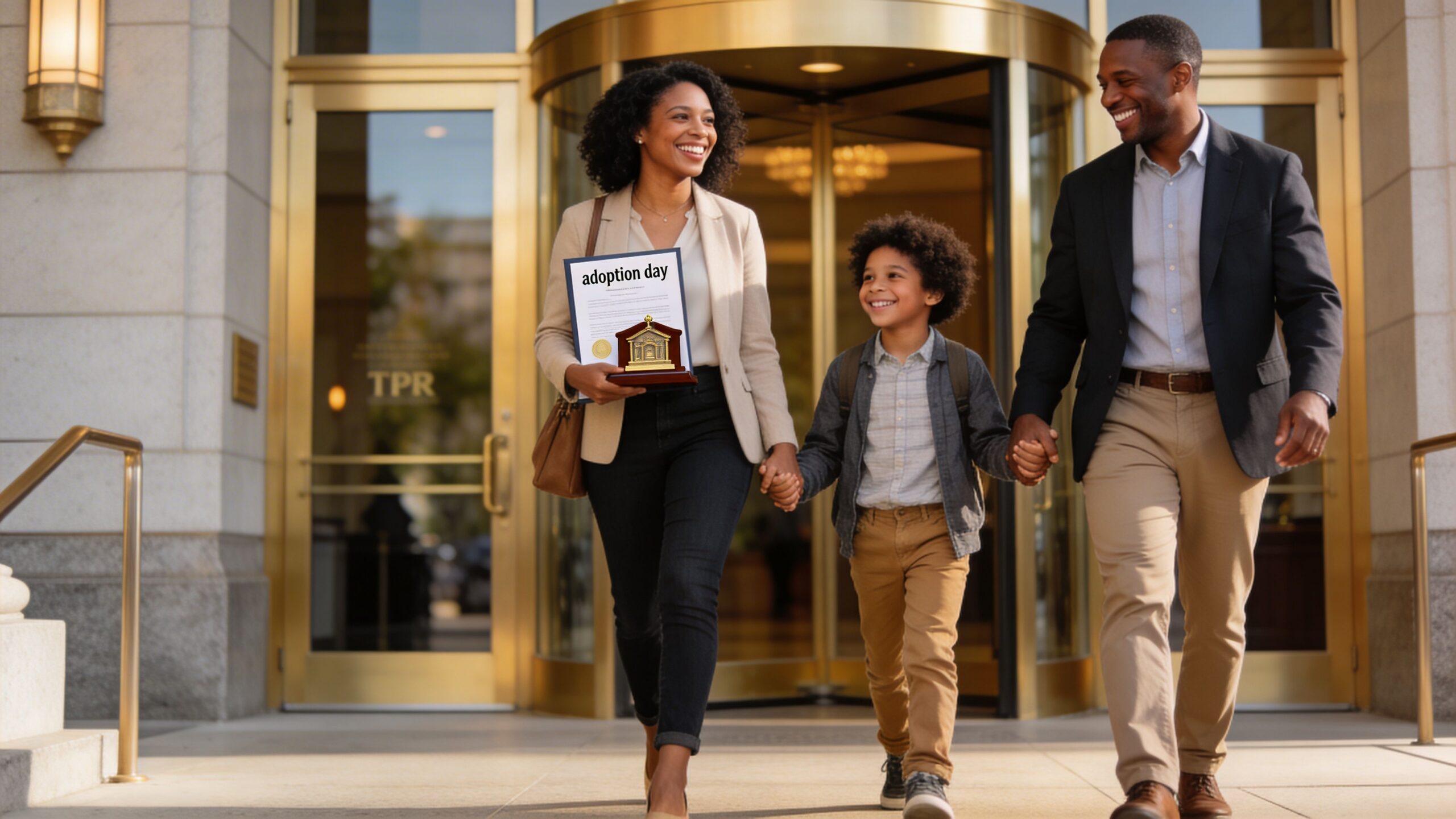 A happy family walking out of a building holding an official adoption day certificate and a trophy.