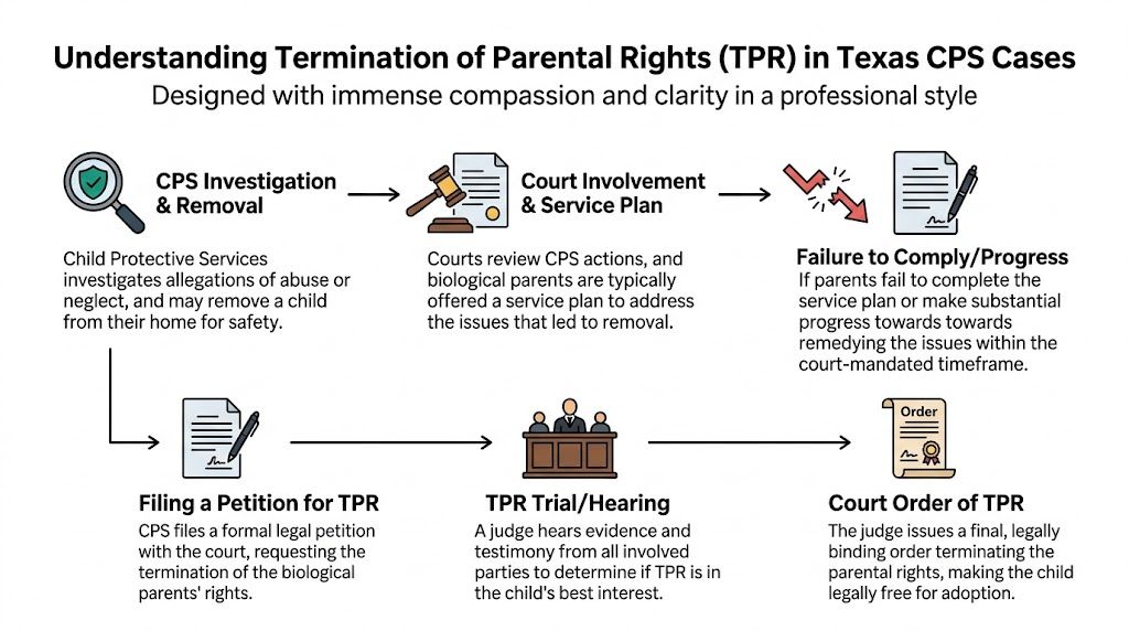 A flowchart explaining the legal process for the termination of parental rights in Texas CPS cases.