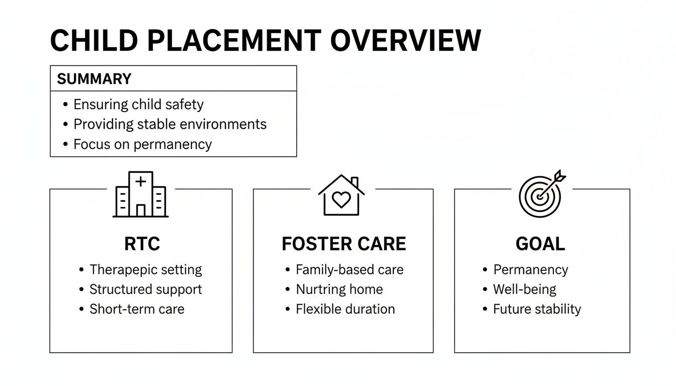 An overview of child placement, detailing summary, residential treatment care (RTC), foster care, and goals.