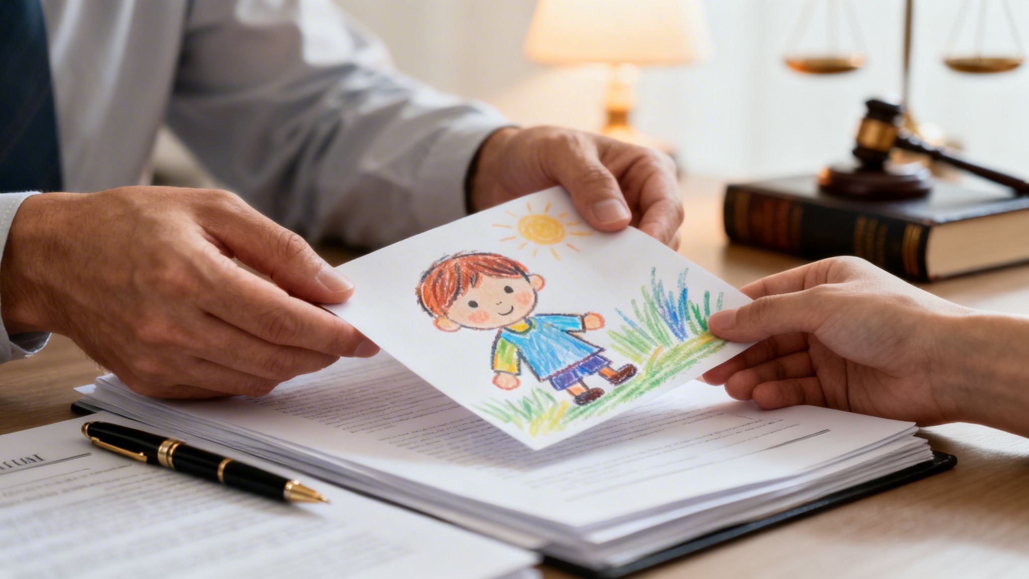 A child's drawing of a boy in a legal setting, symbolizing child welfare and family law.