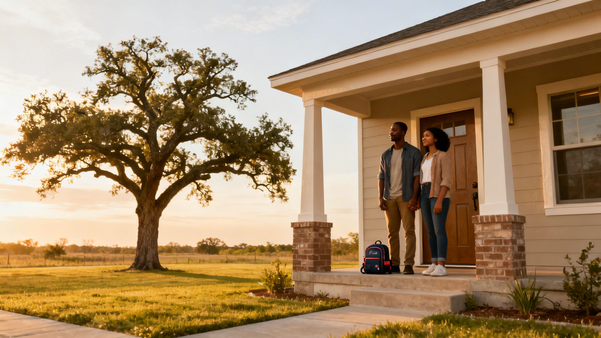 A young Black couple stands on the porch of a new home at sunset, looking hopeful.