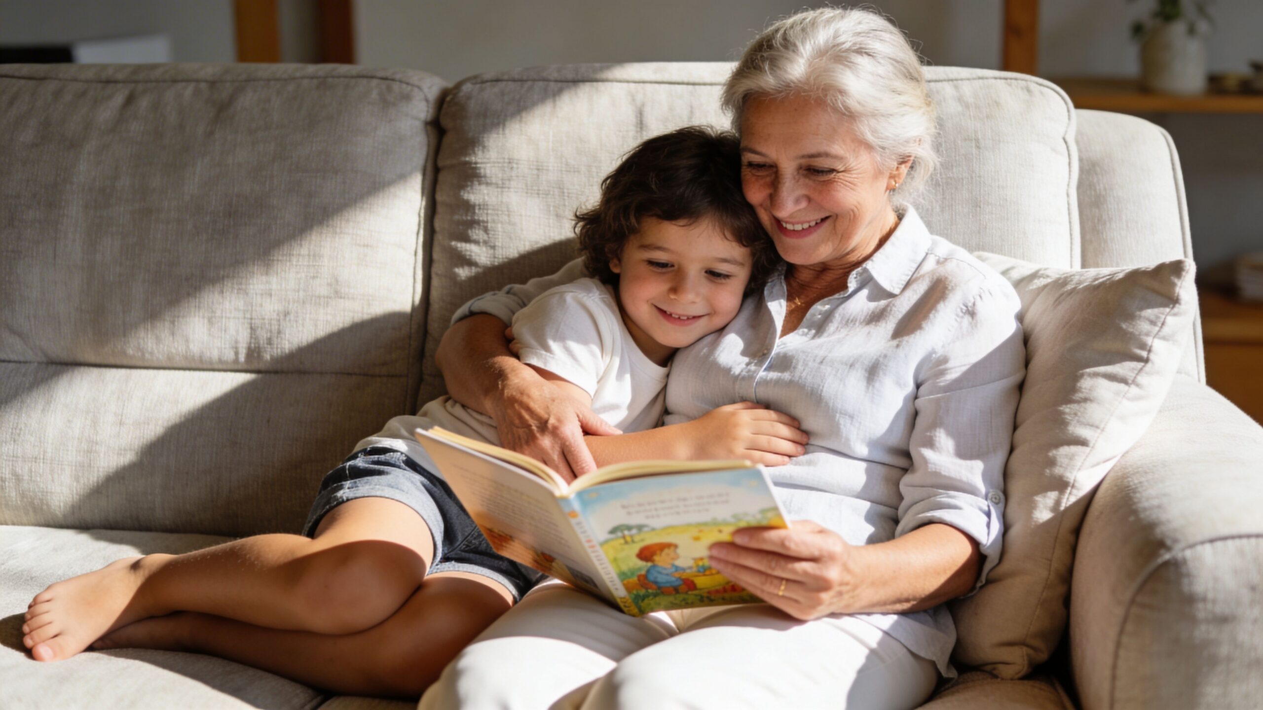 A smiling grandmother reading an illustrated storybook to her young grandson while sitting together on a couch.