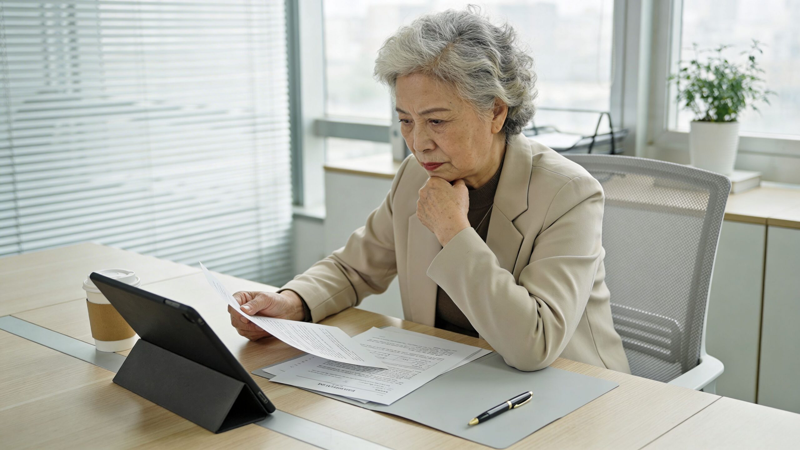 A senior Asian businesswoman in a blazer reading documents while working on a digital tablet in office.