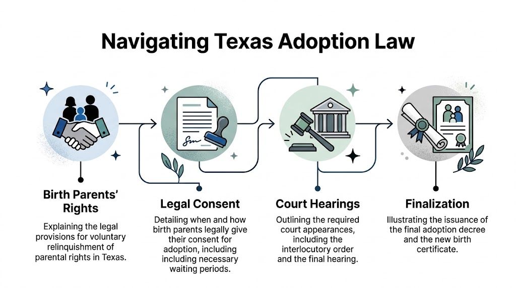 A flowchart infographic titled Navigating Texas Adoption Law showing the four steps of the adoption process.