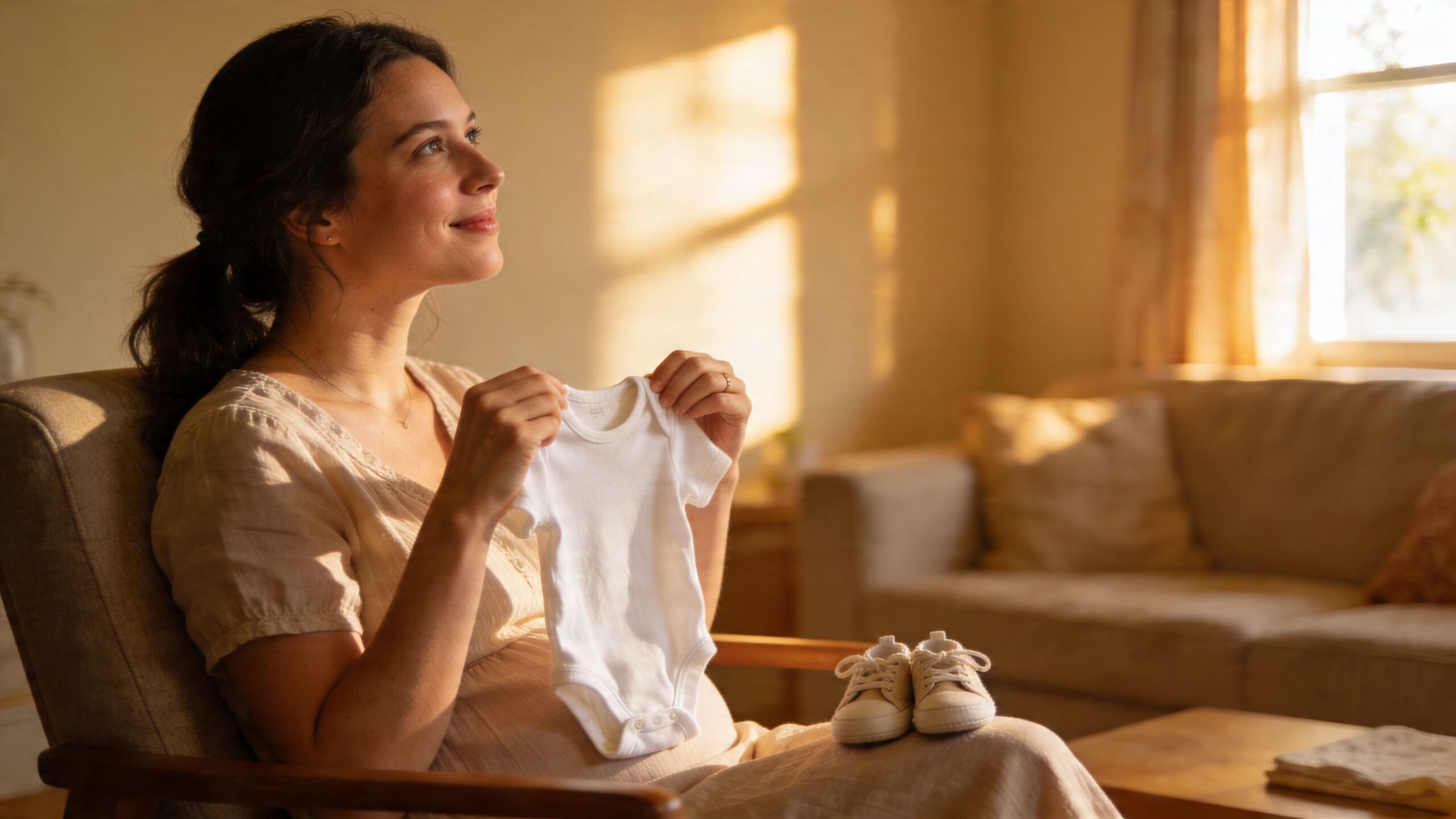 A pregnant woman smiling while holding a small baby onesie and looking towards the light in her living room.
