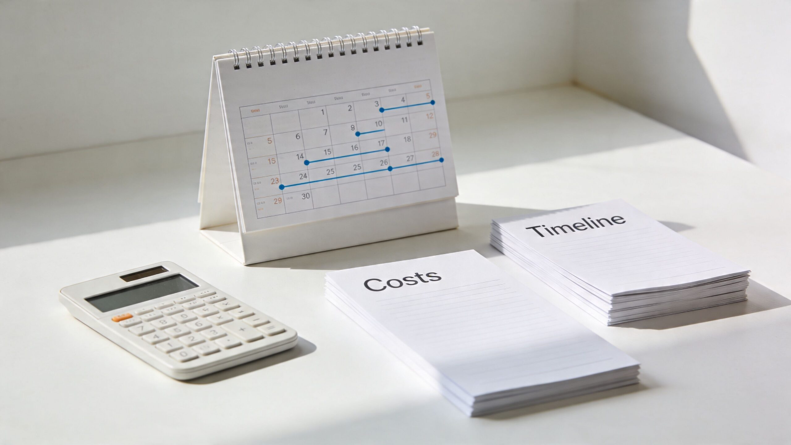 A desk with a calendar, a calculator, and stacks of paper labeled Costs and Timeline