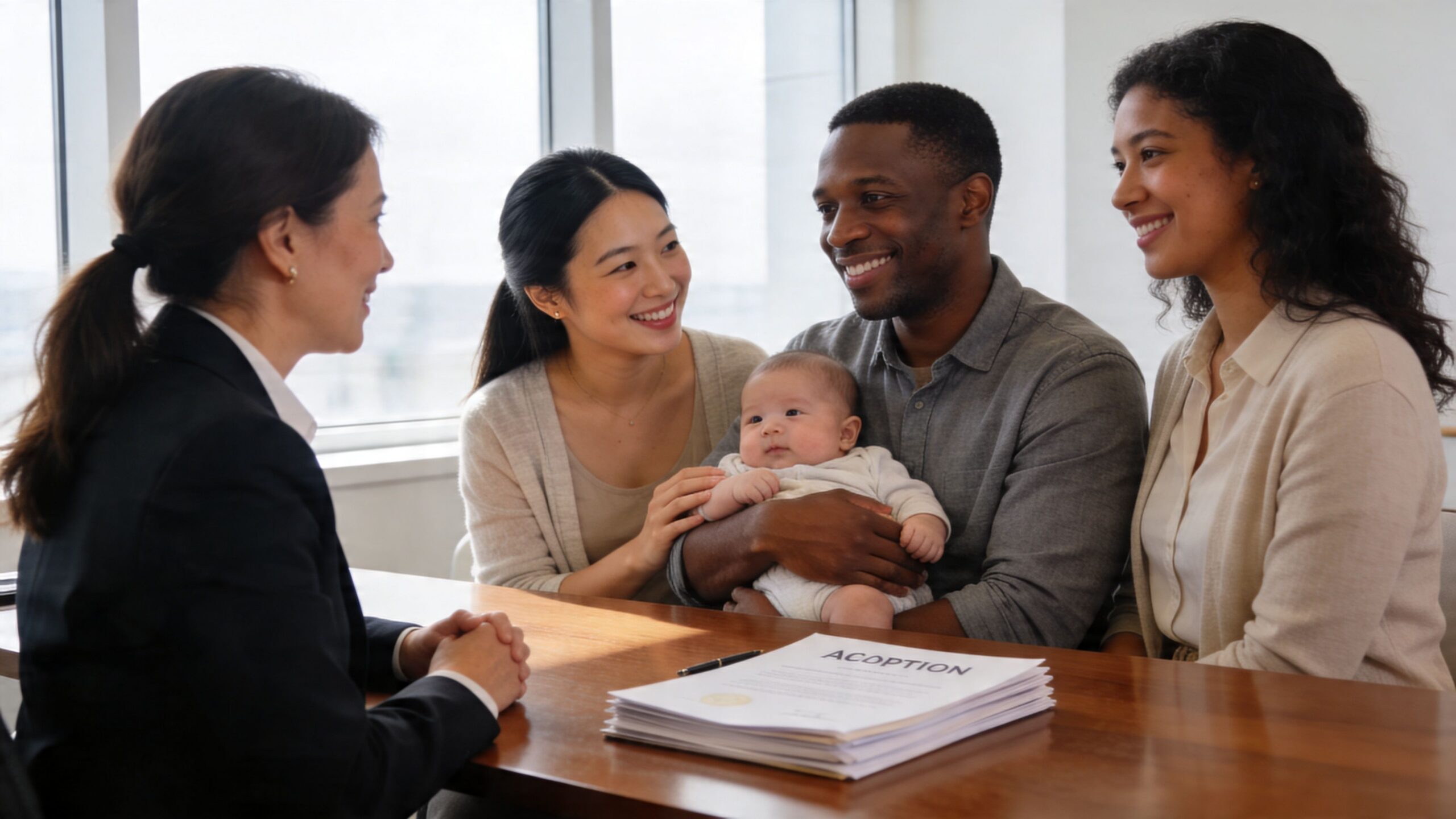 A happy couple and a caseworker meeting to discuss the adoption paperwork for their newborn baby.