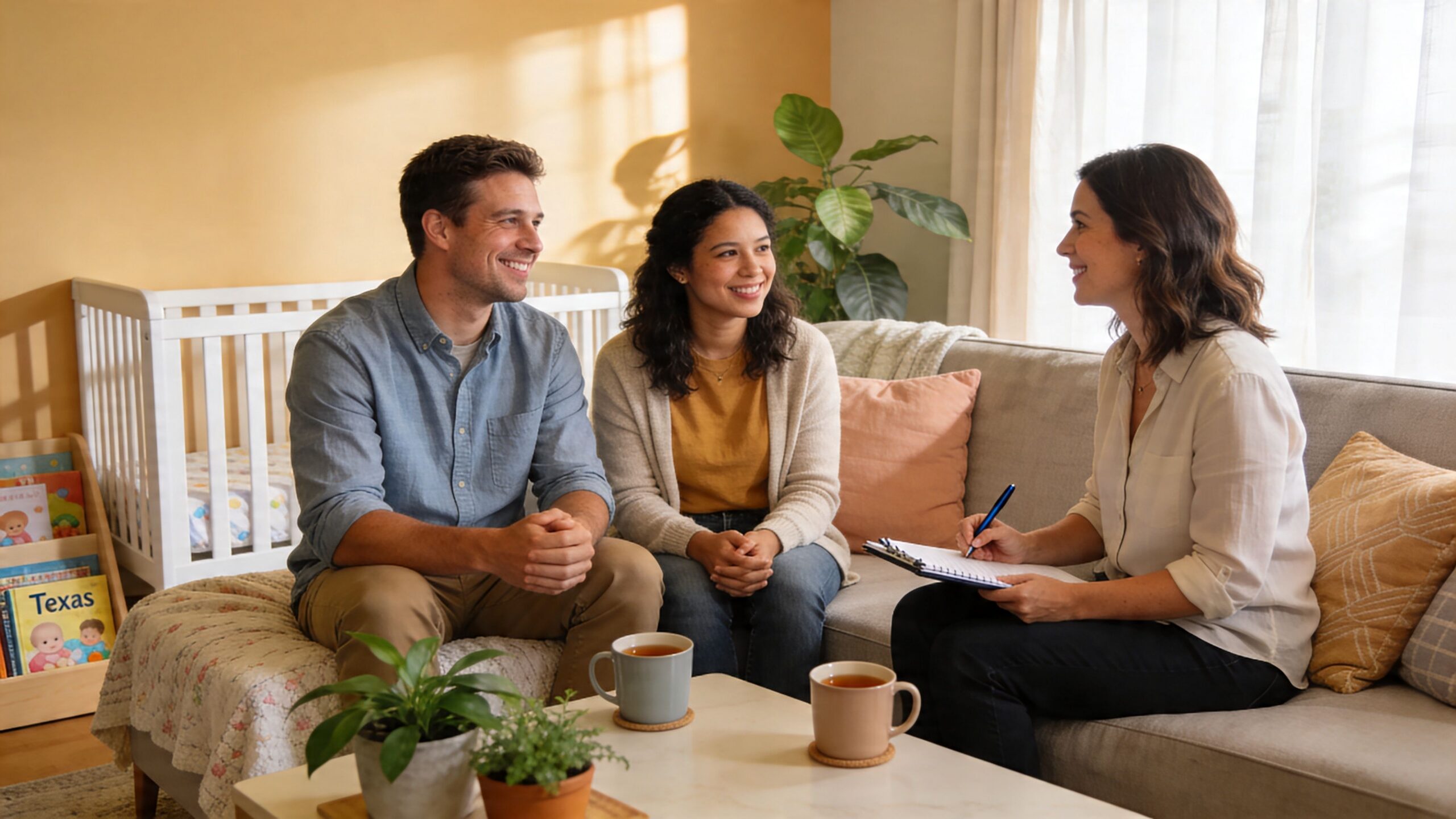 A couple sits on a sofa discussing newborn adoption plans with a professional counselor in a home setting.