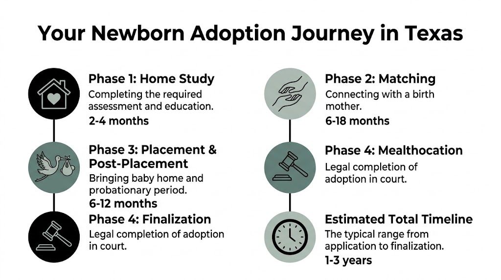 A diagram outlining the four phases of the newborn adoption journey in Texas, including estimated timelines.