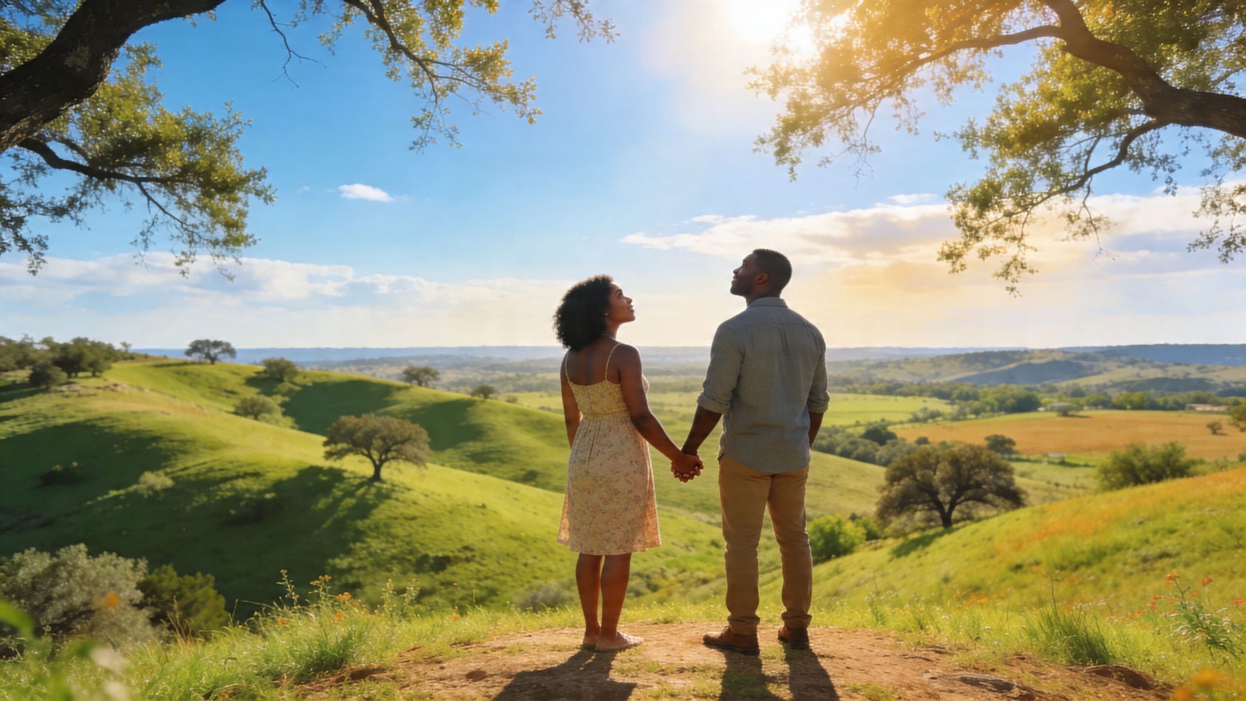 A couple holds hands while gazing at a scenic, sunny landscape in the Texas hill country.