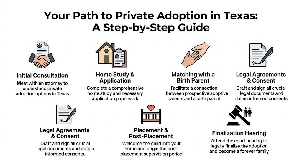 A step-by-step infographic illustrating the private adoption process in the state of Texas from consultation to finalization.