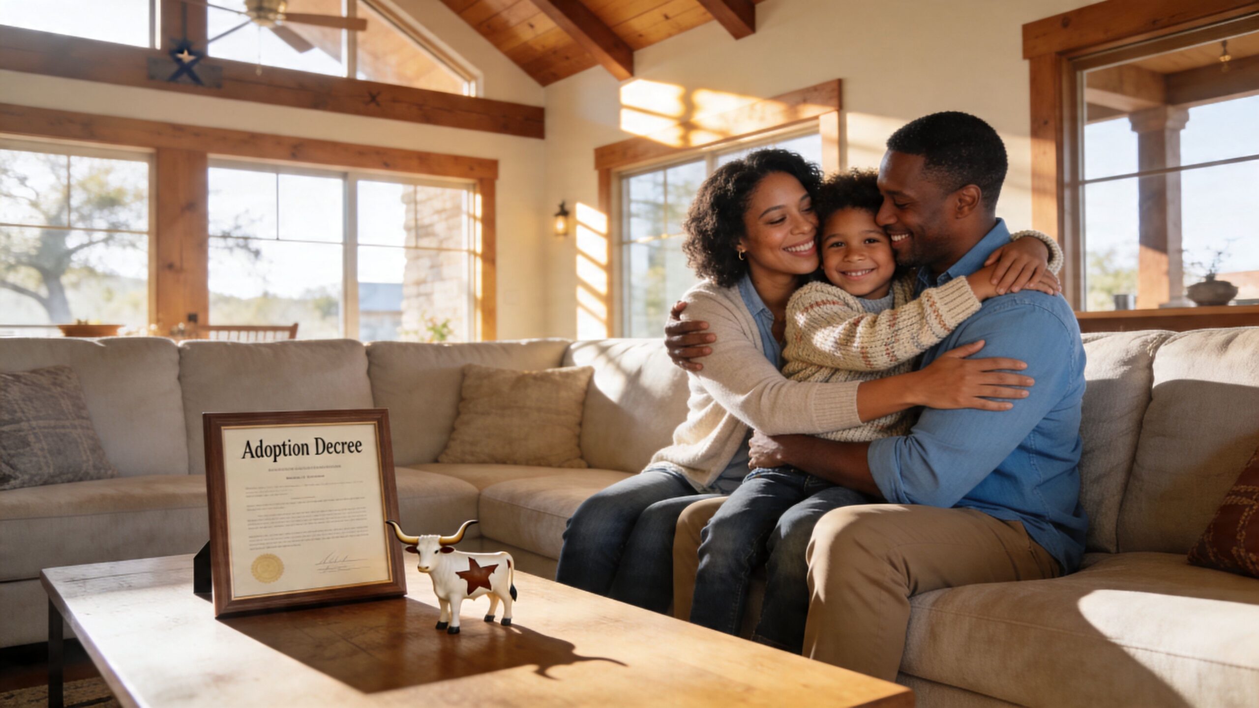 A happy family cuddling on a sofa with an adoption decree certificate on the coffee table.