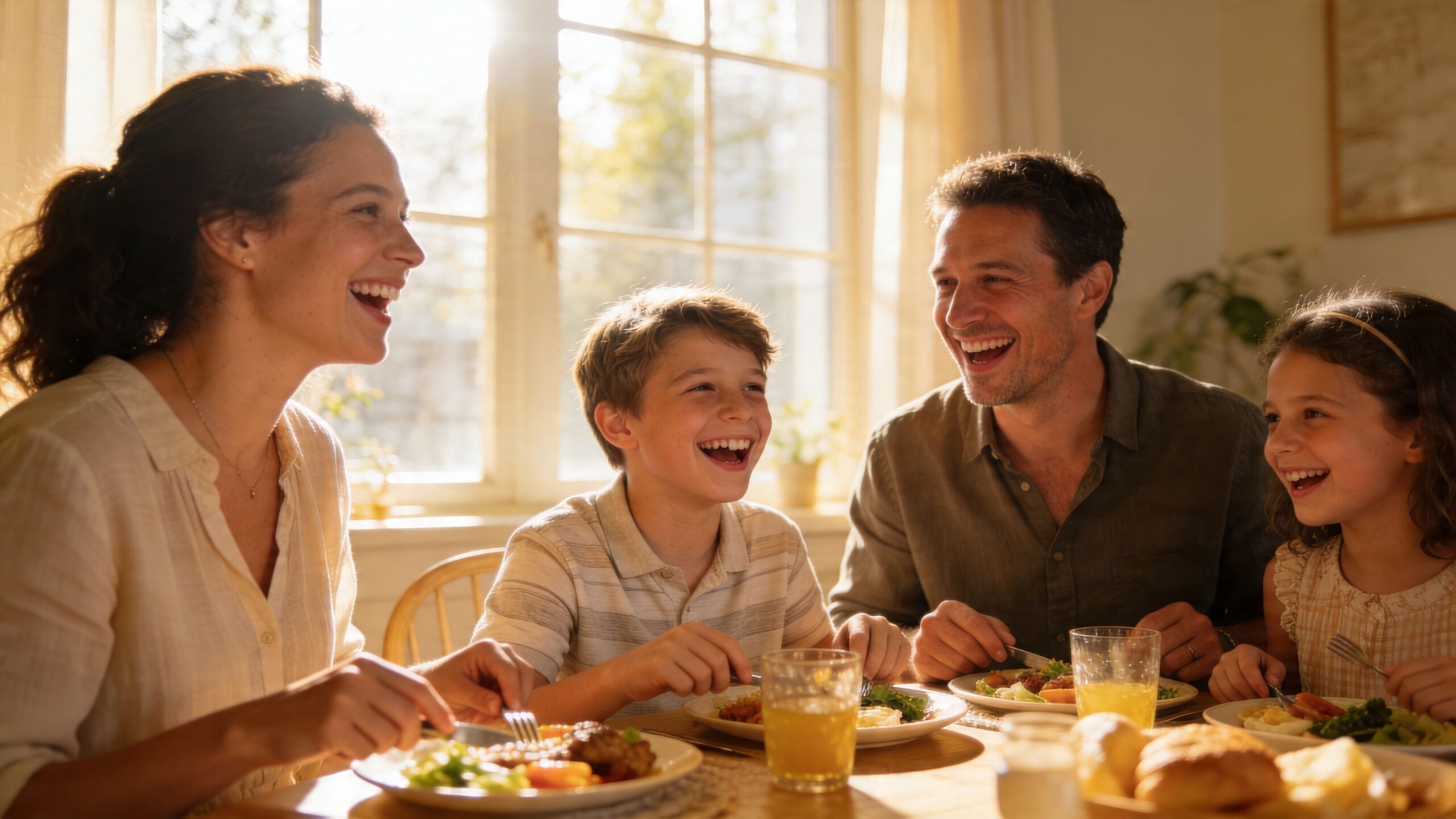 A happy family of four laughing and eating a meal together at a sunlit dining table.