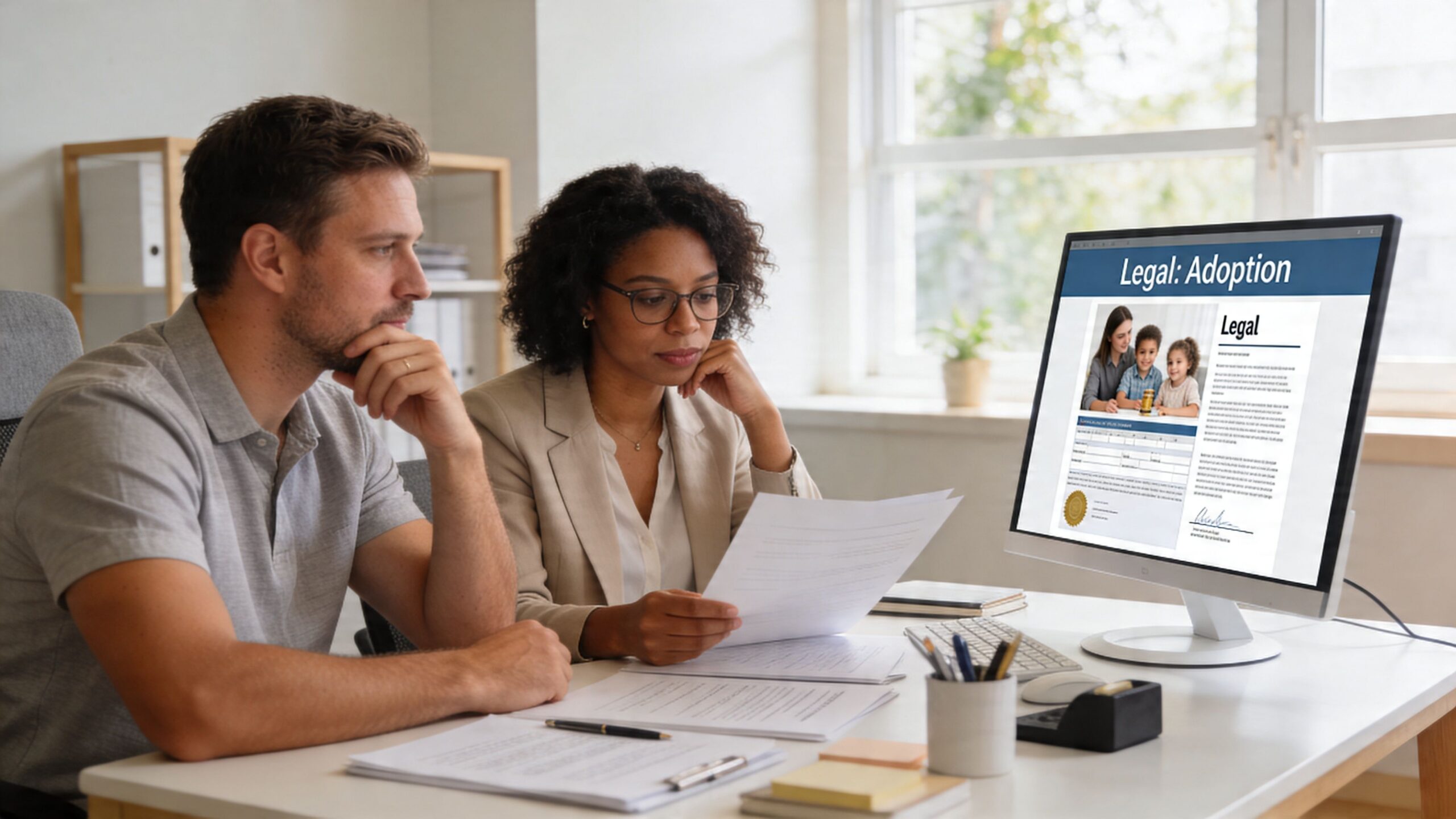 A professional man and woman review legal adoption documents on a computer screen in an office.