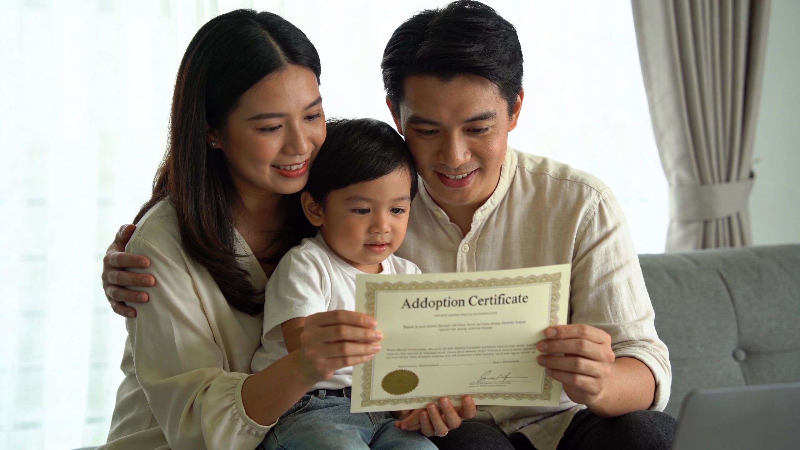 A happy Asian family holding an adoption certificate while sitting together on a couch at home.